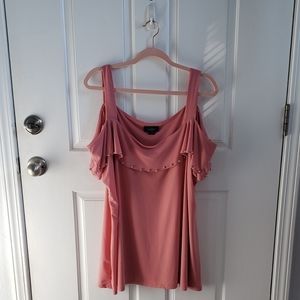 JM Collection cold shoulder blouse, rose pink with metallic detail size 1x
